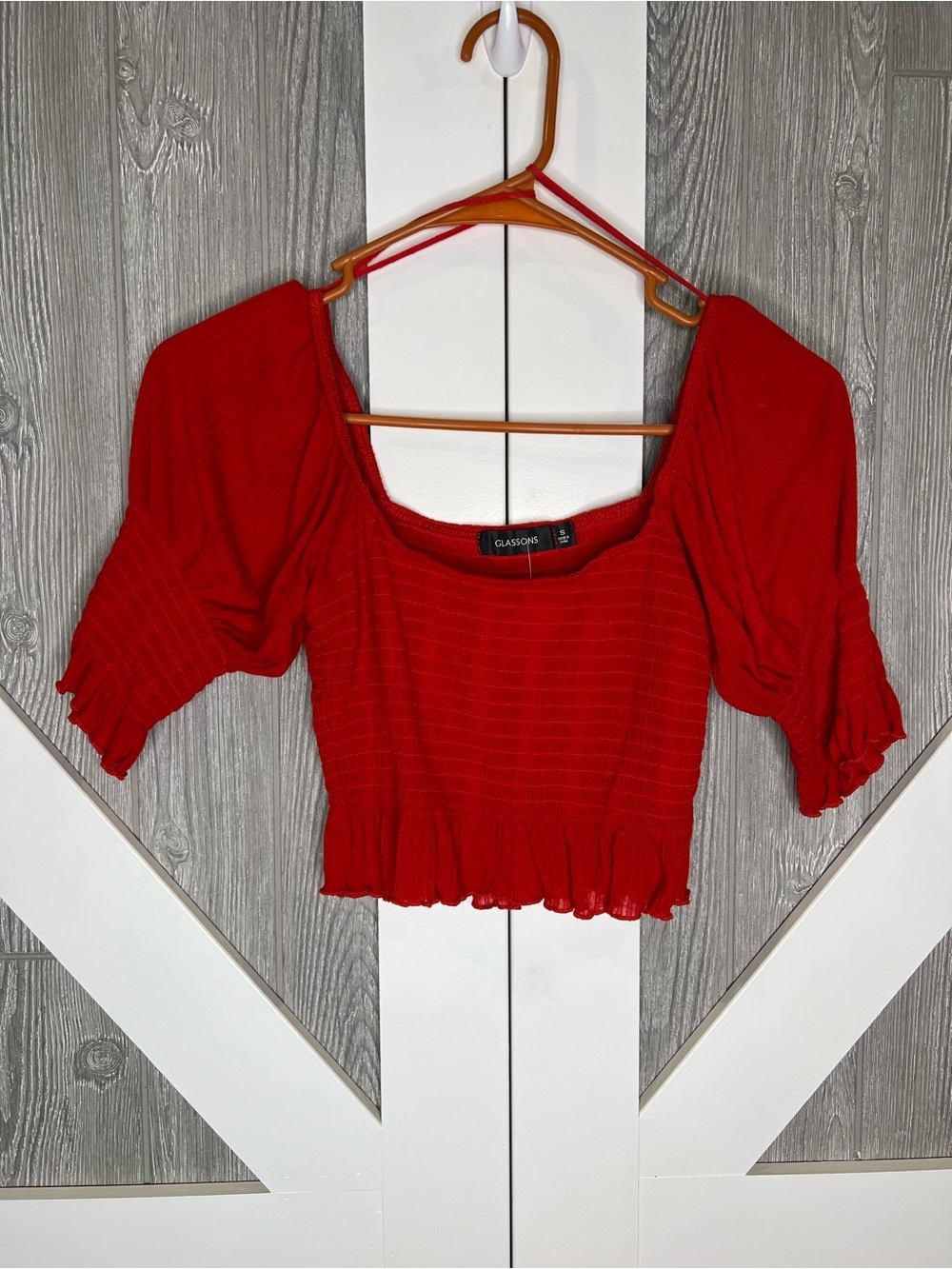 E2.07 Glassons Red Puff Sleeve Crop Top Small